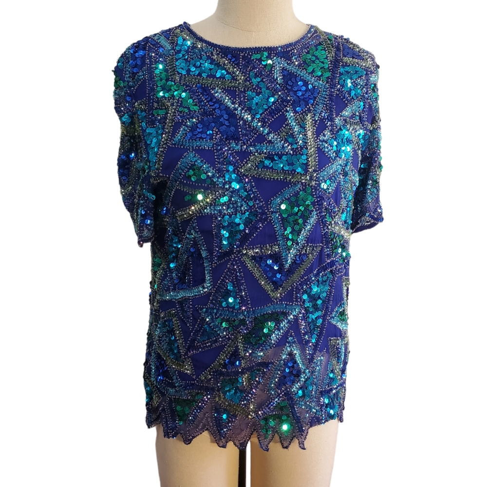 Styleworks Women's Vintage 90s Sequined Silk Blouse Size M‎